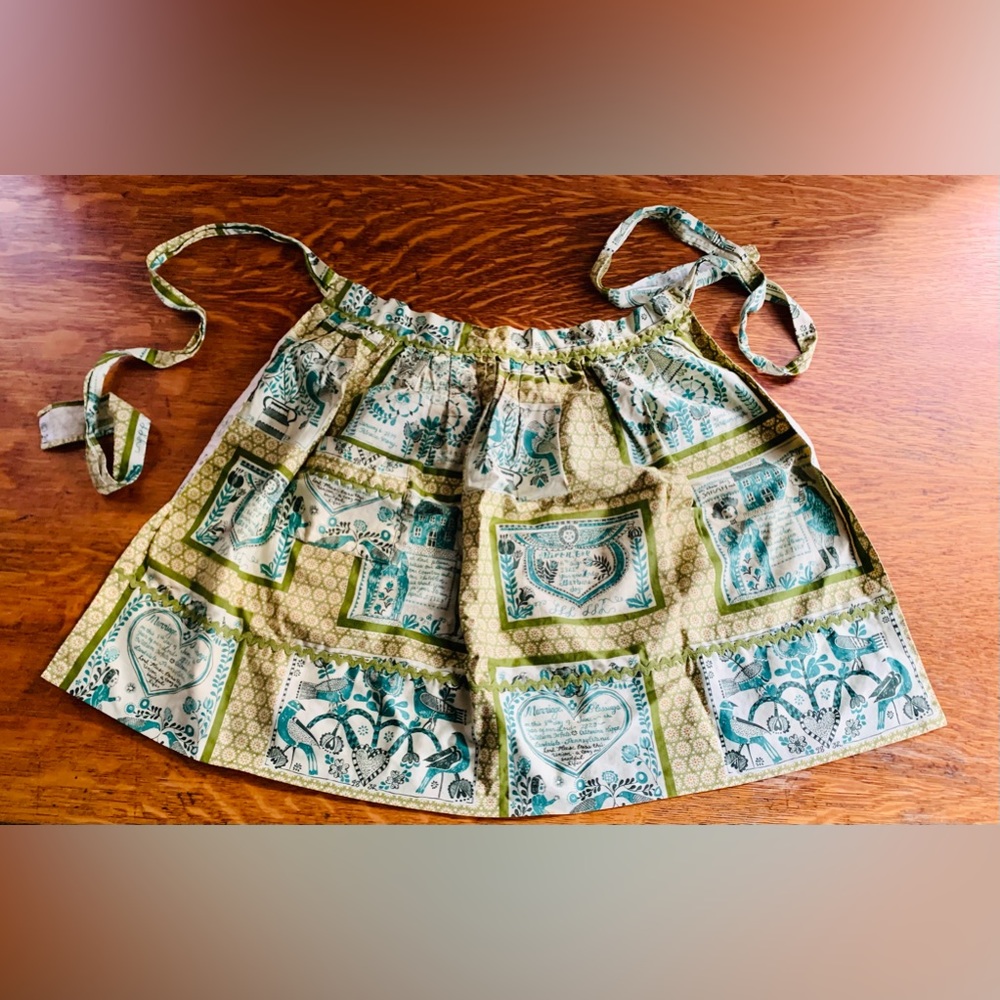 Vintage Waverly Bonded Glosheen Half Apron Marriage Blessing MCM￼ Ricrac 70s ?